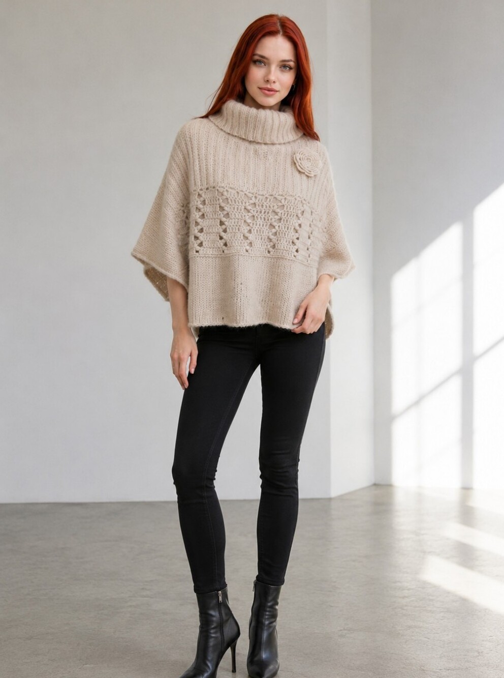 EUC Anthropologie Wool Beige/Cream Poncho Cape With Flower Pin!